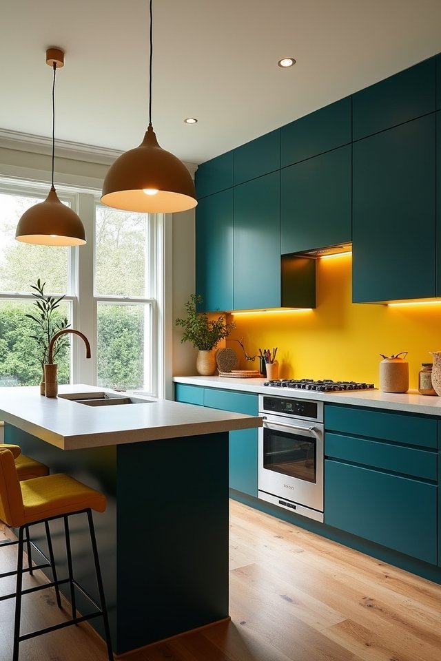 vibrant teal and golden accents