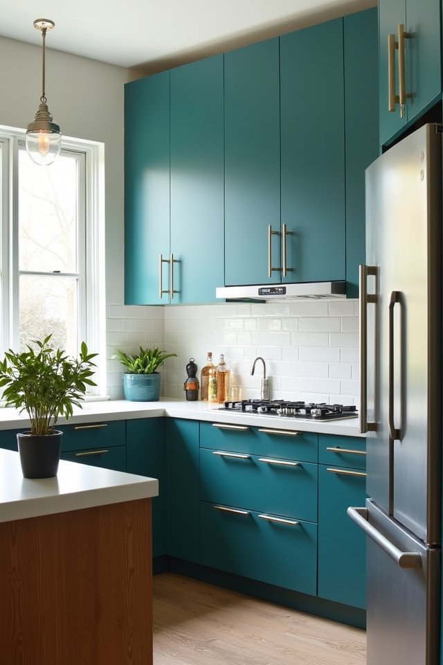 vibrant teal and white kitchen