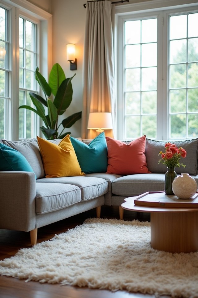 vibrant throw pillows enhance