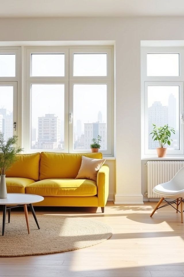 vibrant yellow couch minimalism