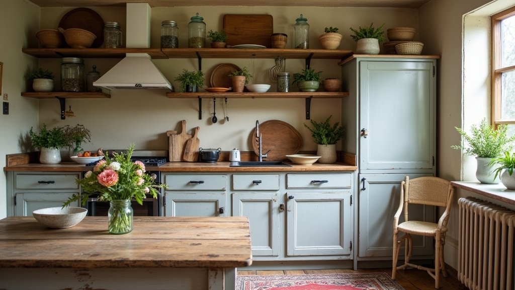 vintage kitchen open shelving
