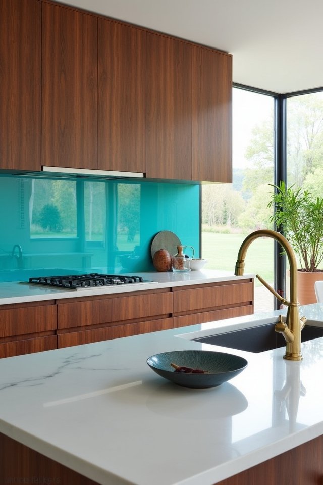 walnut cabinets bright backsplashes