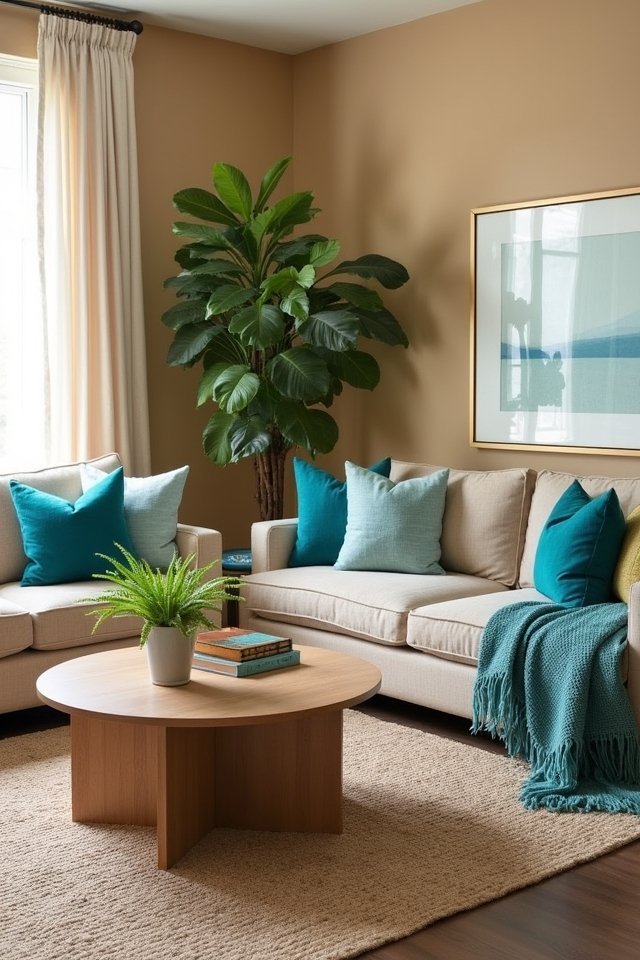 warm beige vibrant teal accents