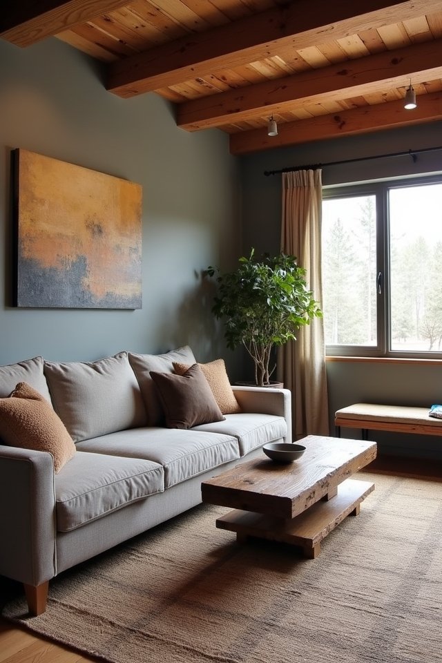 warm wood accents enhance gray