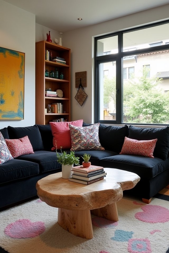 whimsical black and wood textiles