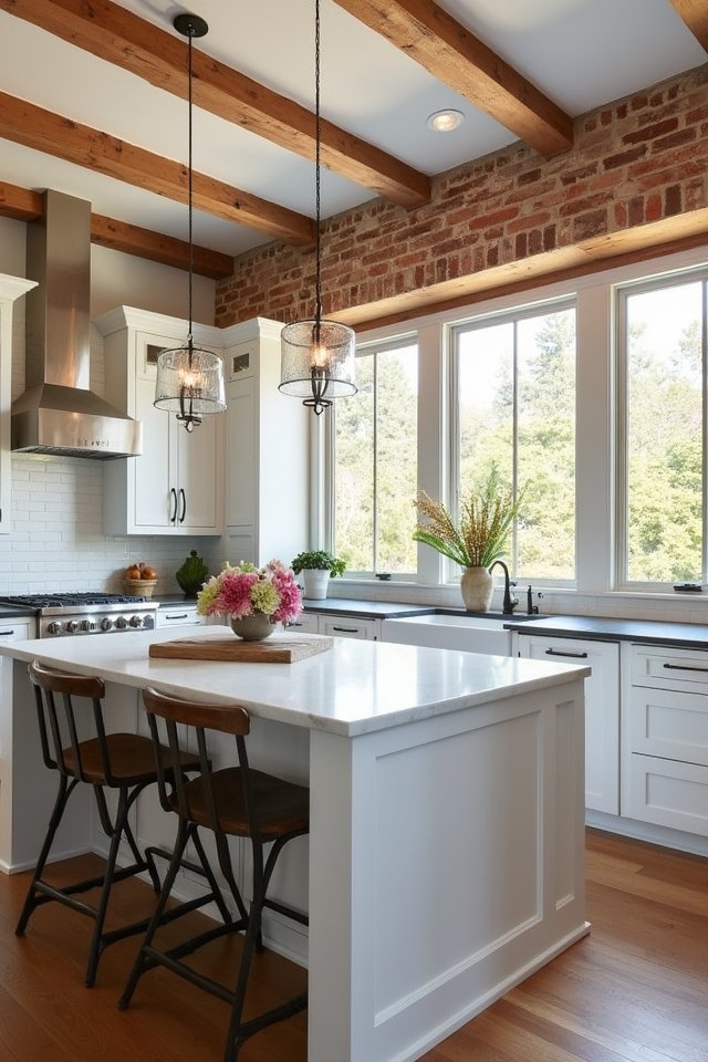 white cabinets rustic brick