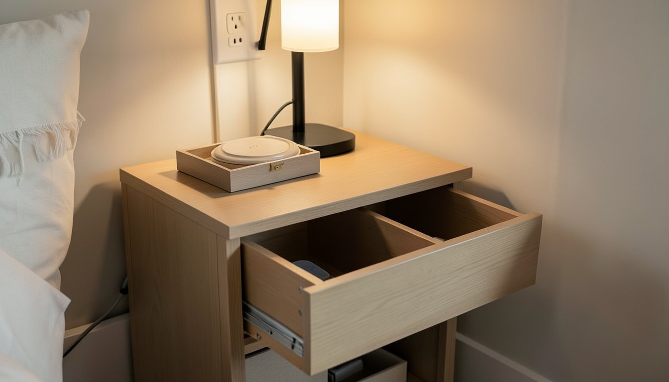 Nightstand zone with a clean tray for essentials, open drawer showing dividers for small items, and a decorative storage box on a shelf