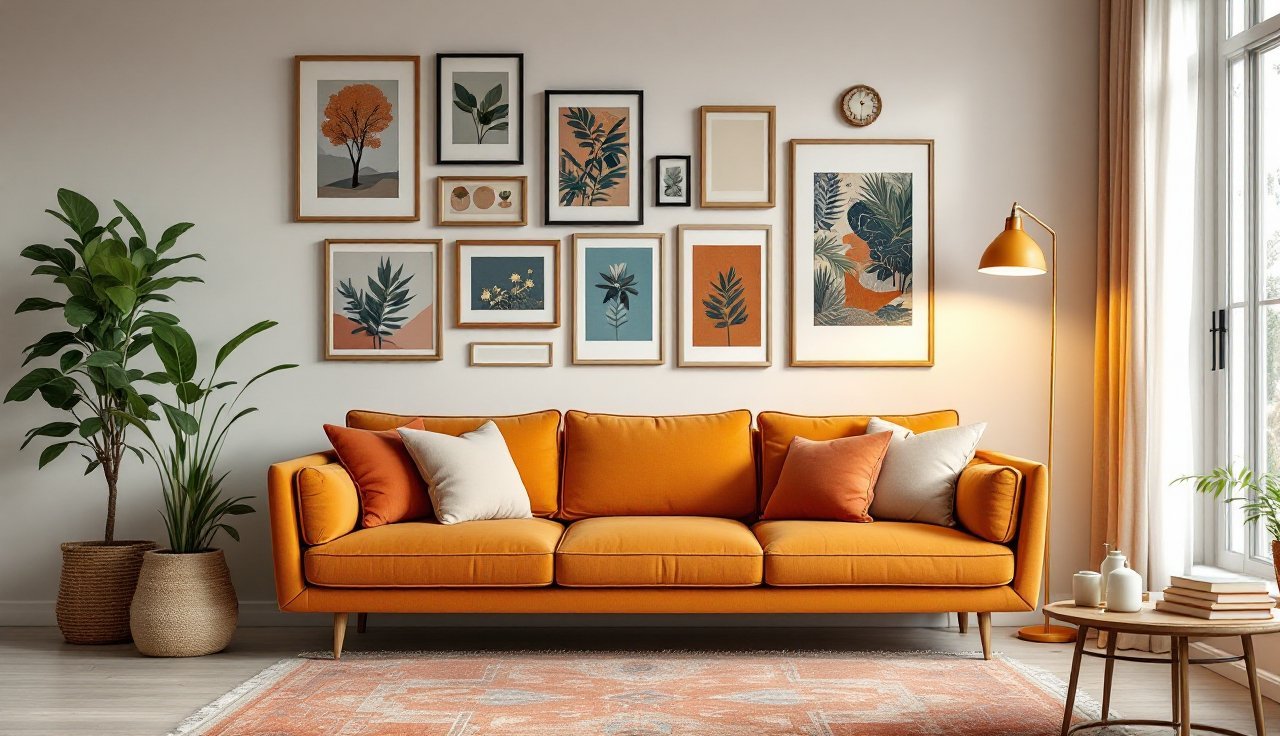 Sofa wall with gallery wall arrangement above sofa, mix of frames, warm neutral art, and brass picture light or lamp glow