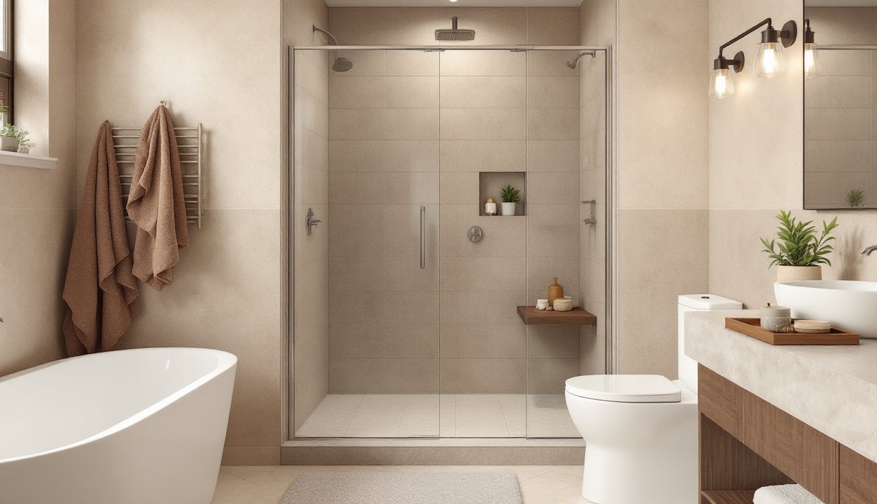 Family bathroom setup with a durable quick-dry mat, rustproof shower storage, and easy-clean accessories