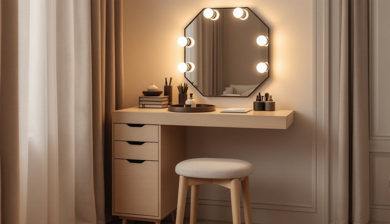 Compact vanity corner with a stool tucked in, a lit mirror, and a small tray system on the surface
