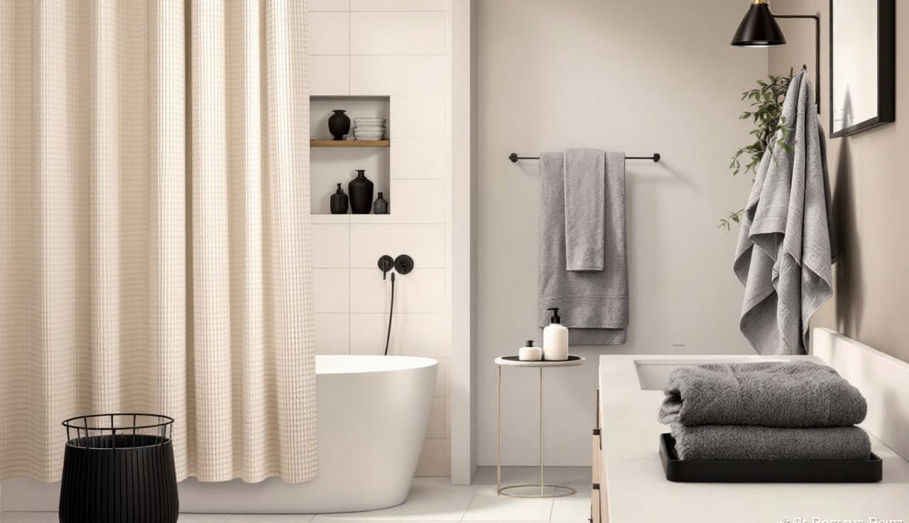 Modern bathroom design impact with coordinated accessories and hotel-style shower curtain