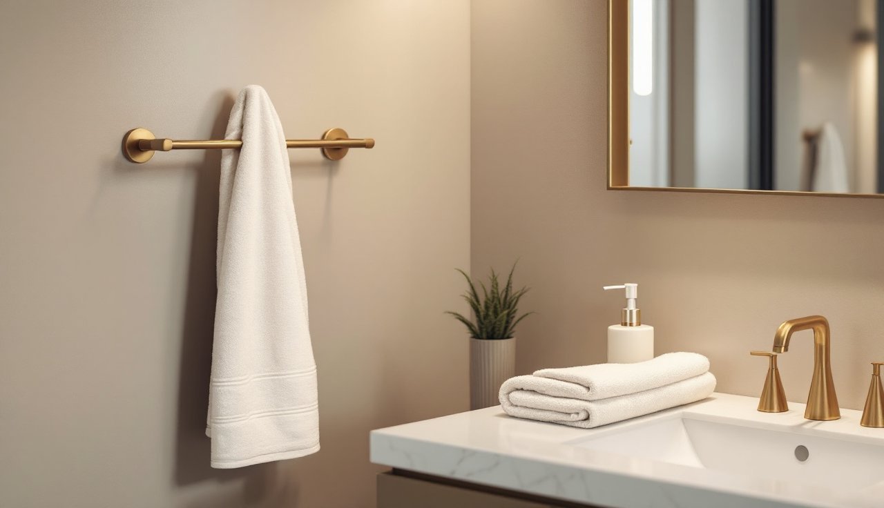 Vanity area with matching towel bar and hooks, plus coordinated countertop accessories for a finished look