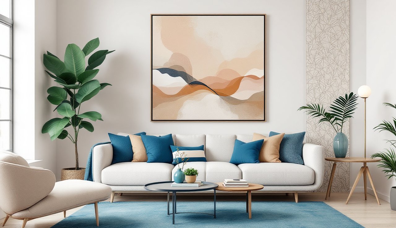 Warm modern living room wall with oversized statement art and subtle peel-and-stick wallpaper accent