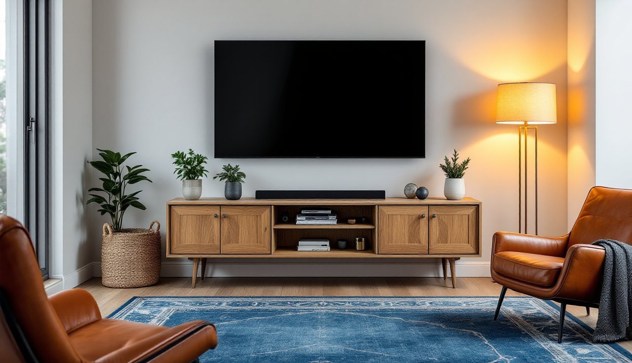 Blue and brown living room with a blue and brown rug, cognac leather chair, light wood coffee table tray, and warm table lamp on the TV wall side