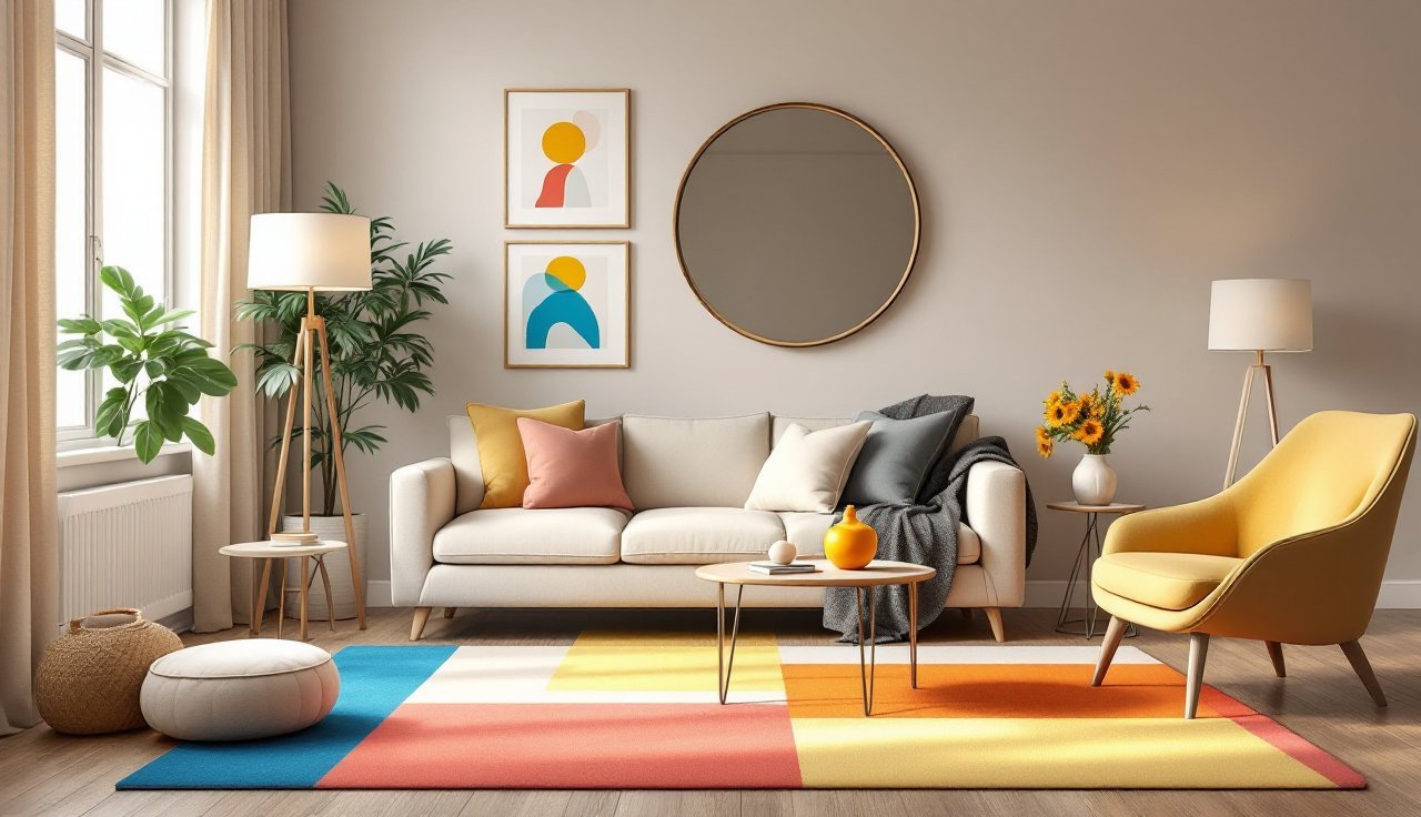 Bright colorful modern living room with pop-art prints, wavy mirror, and playful lighting