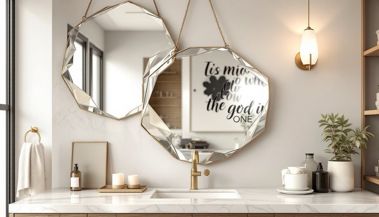 Bathroom vanity zone with wavy mirror, tidy tray, and subtle removable lettering