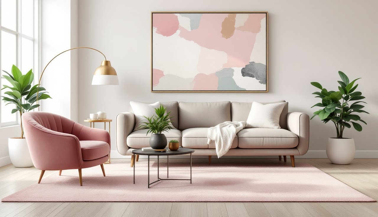 Pink and blush living room with a blush area rug, neutral sofa, brass table lamp, and oversized abstract wall art on the sofa wall