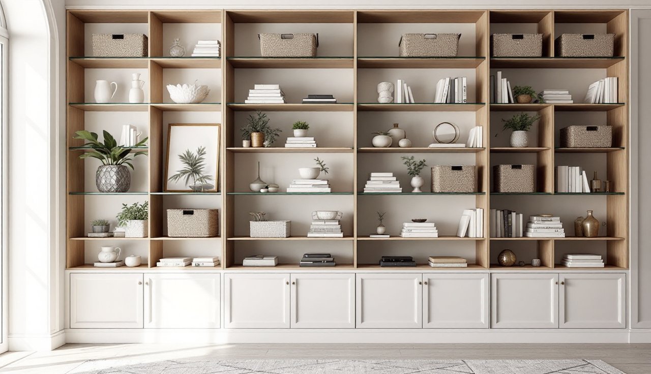Built-in look bookcase wall with baskets, books, and minimal decor styled in a modern bedroom