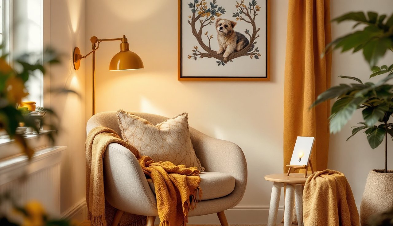 Reading nook corner with accent chair, colorful lamp glow, and compliment card on a small stand