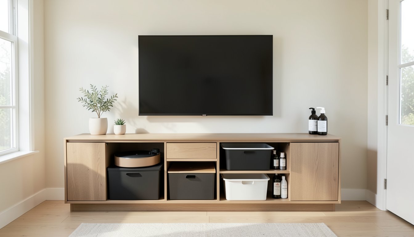 Organized under-sink area with pull-out bins, a waterproof liner, and a rotating tray