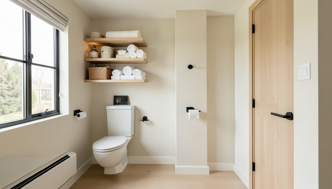 Small bathroom zones: door storage, over-toilet shelving, and floating shelves working together