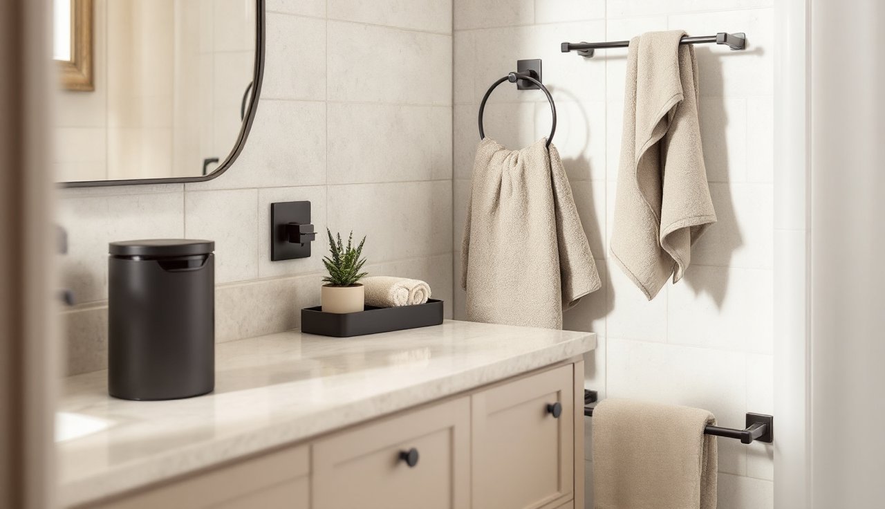 Small modern bathroom with slim storage and clean countertop styling