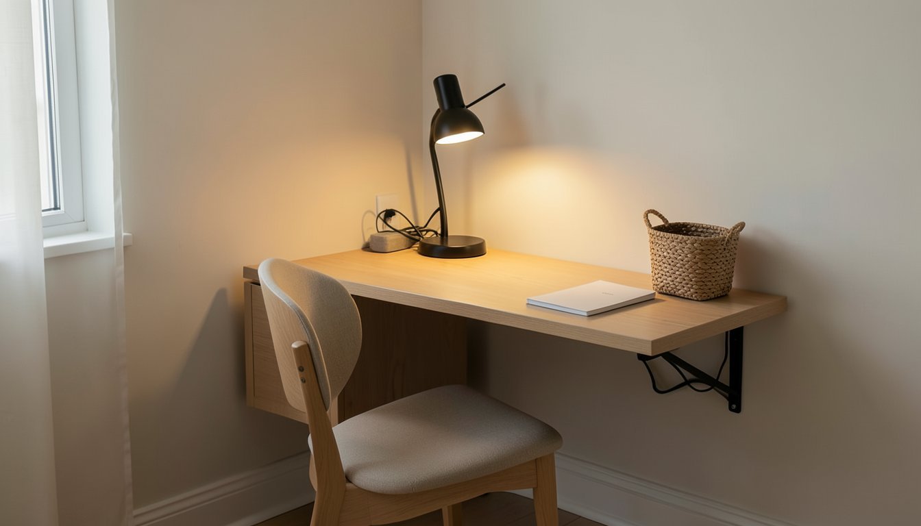 Reading nook corner transformed into a small work zone with a wall-mounted fold-down desk, compact chair, warm desk lamp, and a small basket for cords