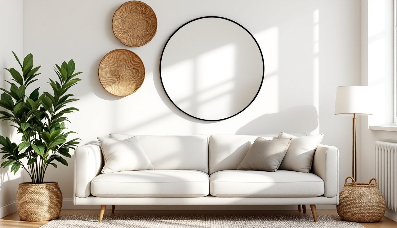 Round black metal mirror above a sofa with warm boho decor accents and soft lighting
