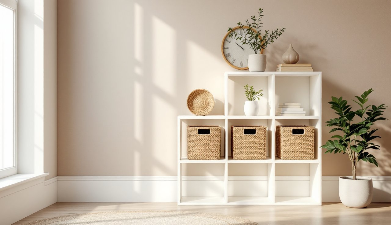 Cube shelf on a bedroom wall with baskets, a few books, and a small plant styled cleanly