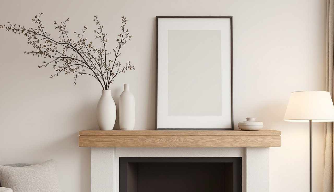 Fireplace wall with a styled mantle using a tall vase, leaning art, and a small sculptural object