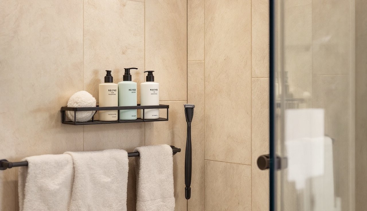 Shower corner with a tension caddy holding refill bottles and organized bath items