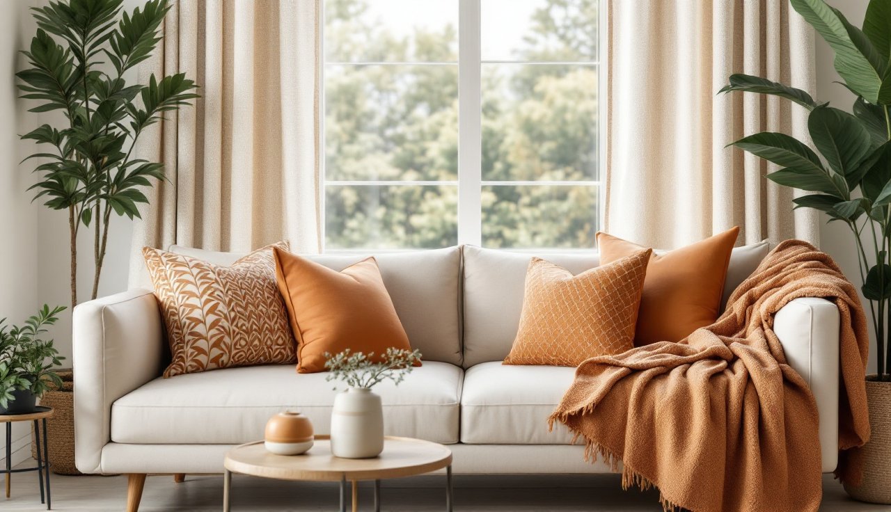 Sofa wall with layered patterned pillow covers, textured throw blanket, and curtain wall with 84-inch curtains in warm neutral palette
