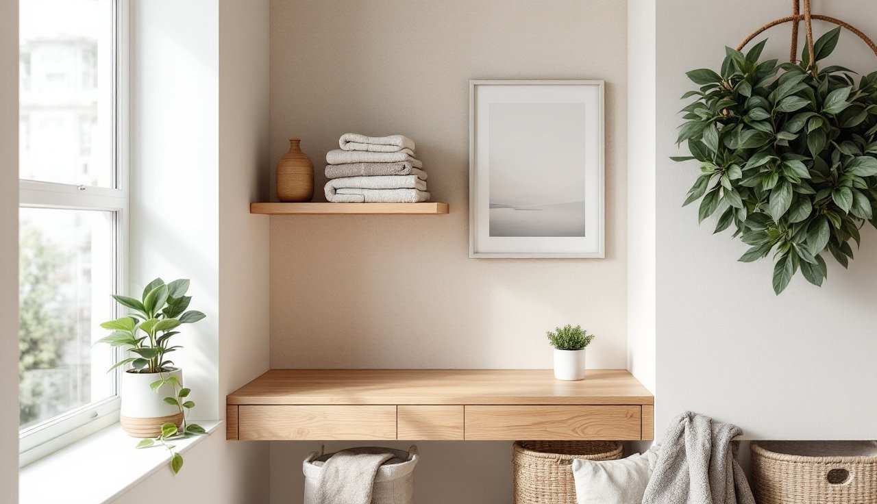 Bathroom nook wall behind open shelves styled with peel-and-stick wallpaper and towels
