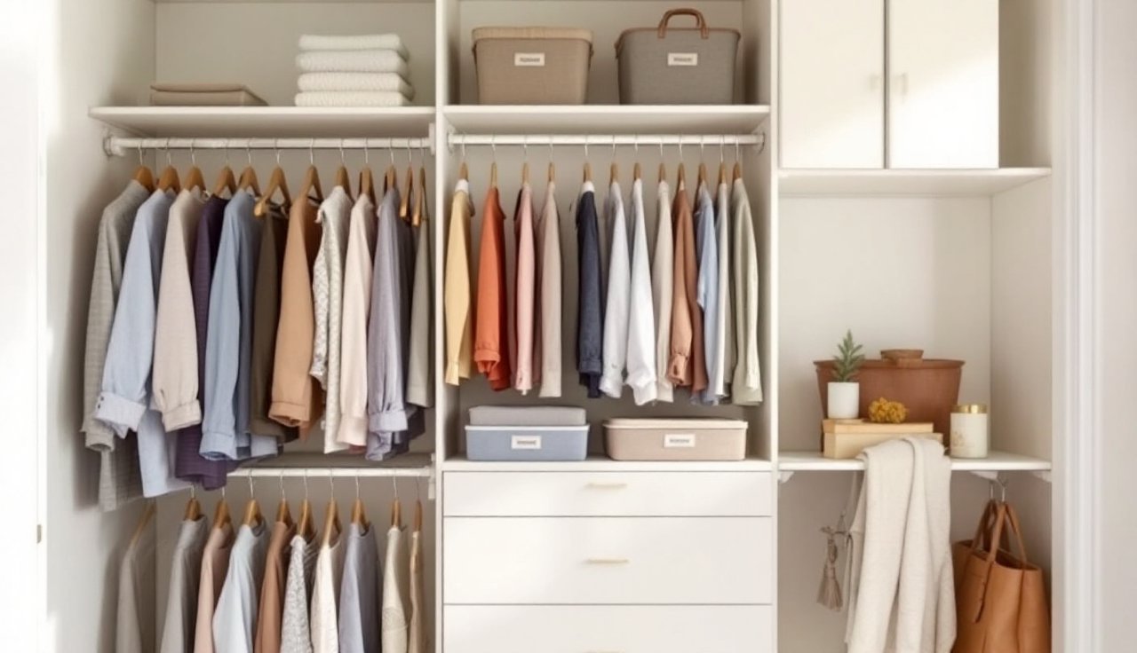 Modern closet wall with an adjustable closet system, fabric bins, and uniform hangers