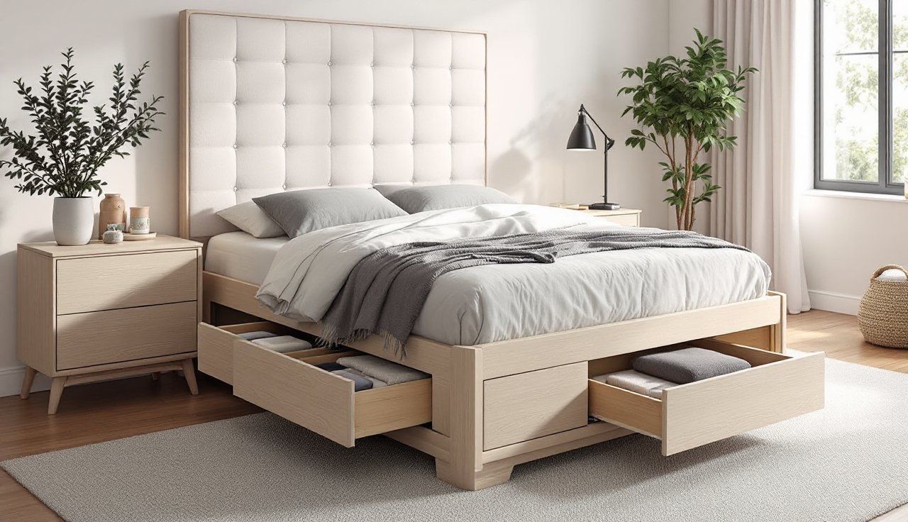 Small bedroom with a storage bed frame and drawers open with neatly organized linens