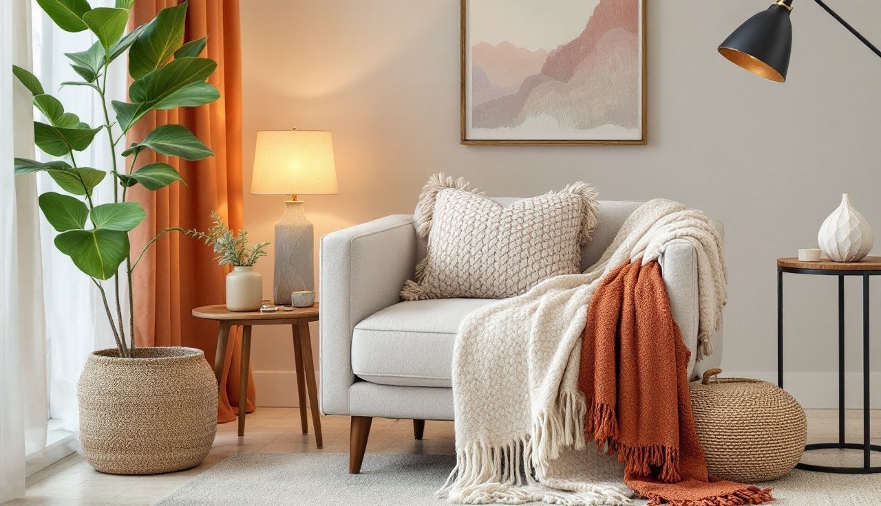 Straight-arm accent chair styled with textured boho pillows and a chunky knit throw in a warm modern living room