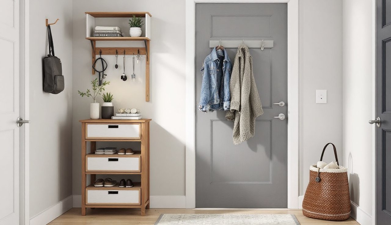 Narrow shoe cabinet on a bedroom wall with an over-door organizer nearby in a small space
