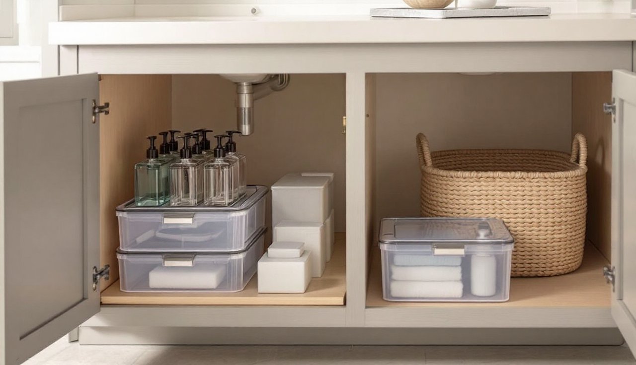 Organized modern bathroom vanity with clear bins and cohesive containers