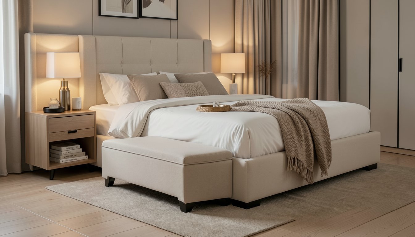 Foot-of-bed zone with a storage ottoman bench, a storage bed with drawers, and a headboard shelf styled with a small tray and books