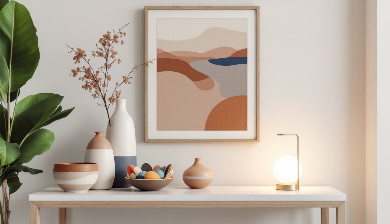 Entry console styled with sculptural vases and a colorful bowl for modern decor impact