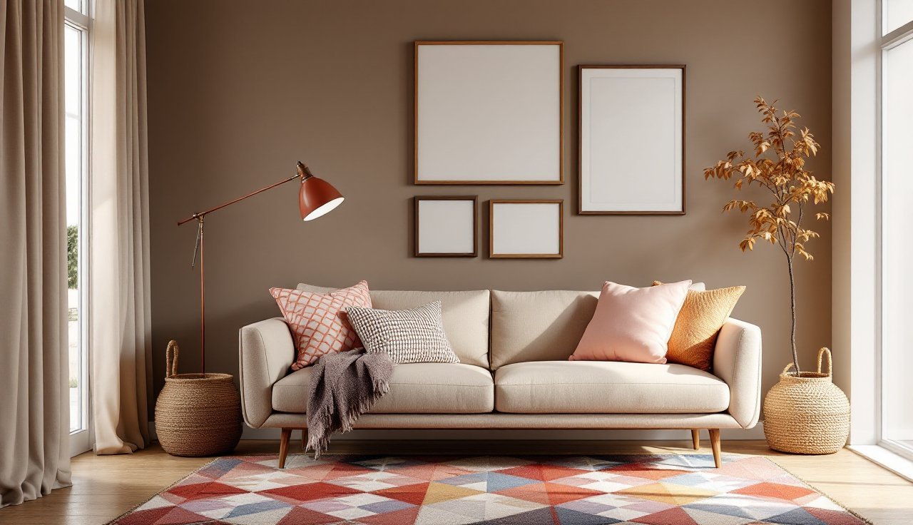 Modern eclectic living room with a colorful rug, gallery wall frame set on the nook wall, solid sofa, and patterned pillow covers