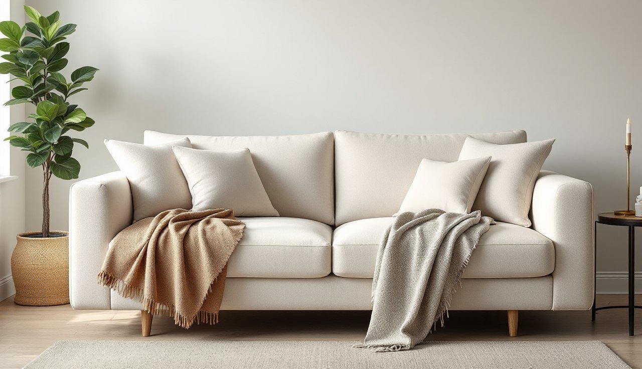 Sofa wall with a fitted slipcover, neutral pillows, and a throw blanket