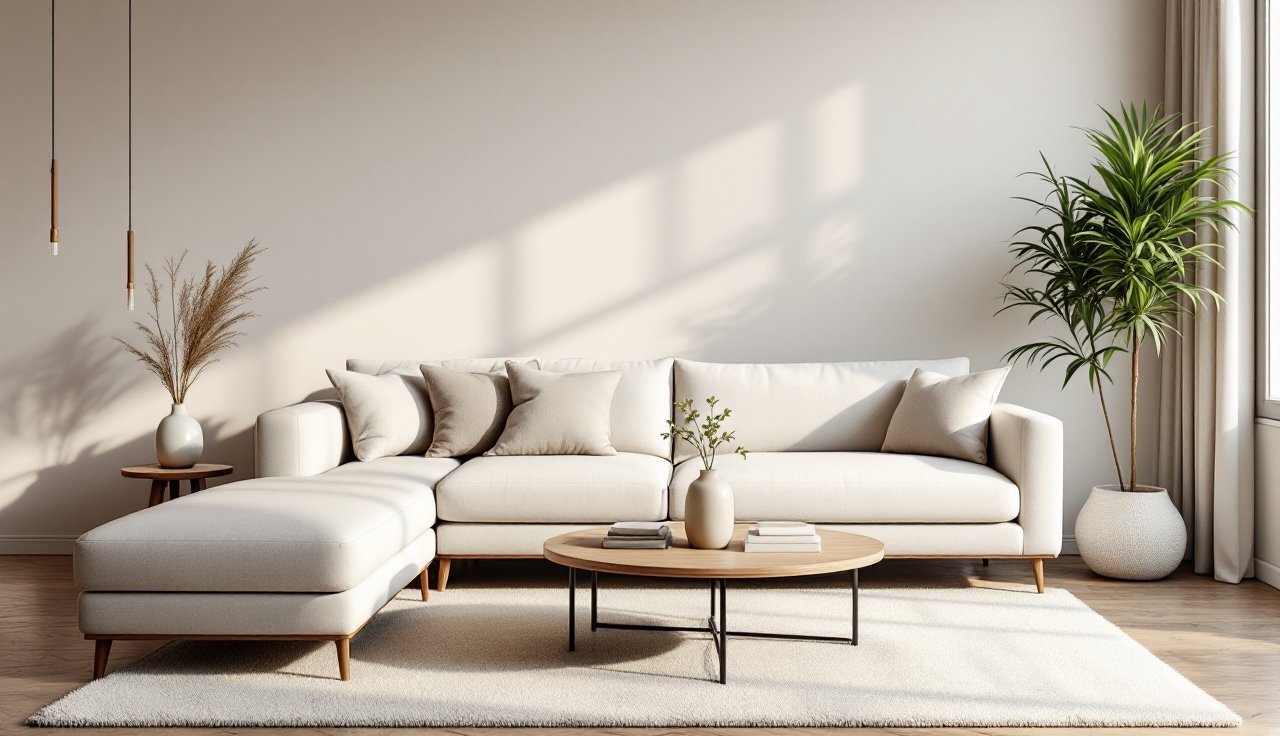 Sofa wall seating area anchored with a warm-neutral rug, rug pad, and a styled coffee table