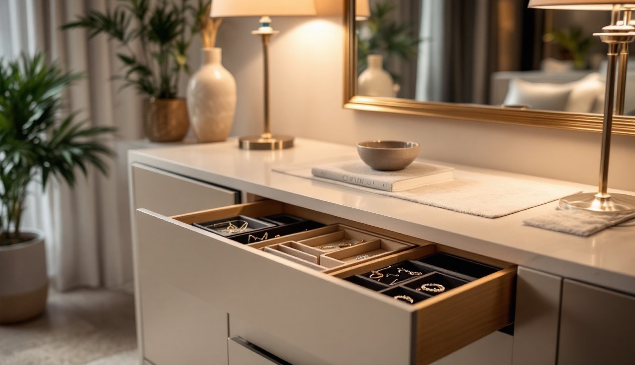 Dresser drawer with stackable jewelry trays and a small catchall dish on the dresser