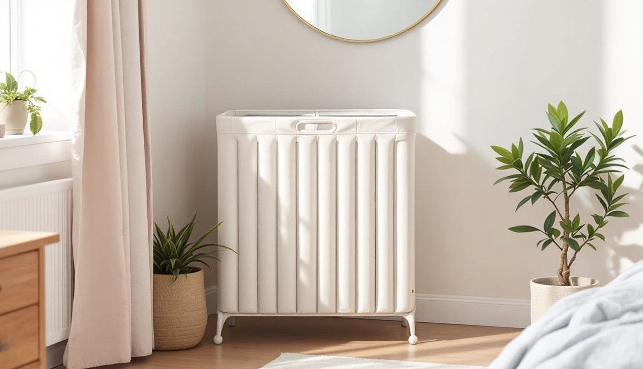 Three-compartment laundry sorter hamper tucked into a bedroom corner with clean modern styling