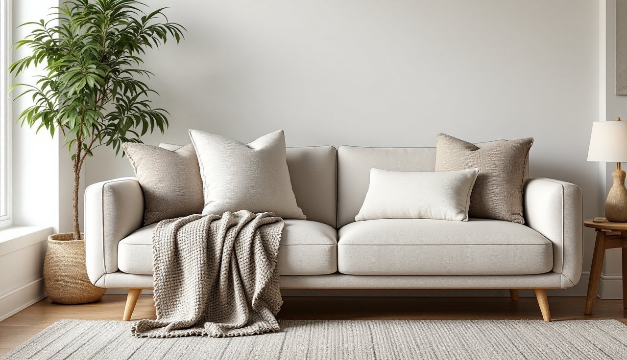 Sofa wall with a styled pillow system using inserts, neutral covers, and a throw