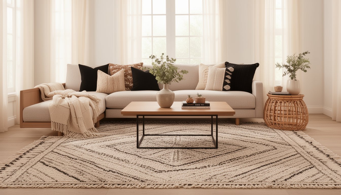 Modern boho living room with a neutral patterned rug, rattan accents, and layered textiles