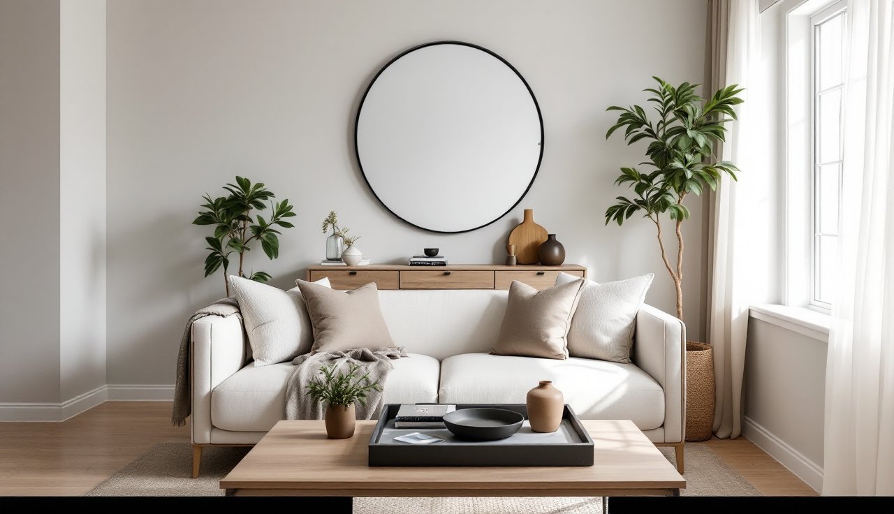 Warm modern living room with a slim console, large round mirror, and a styled coffee table tray