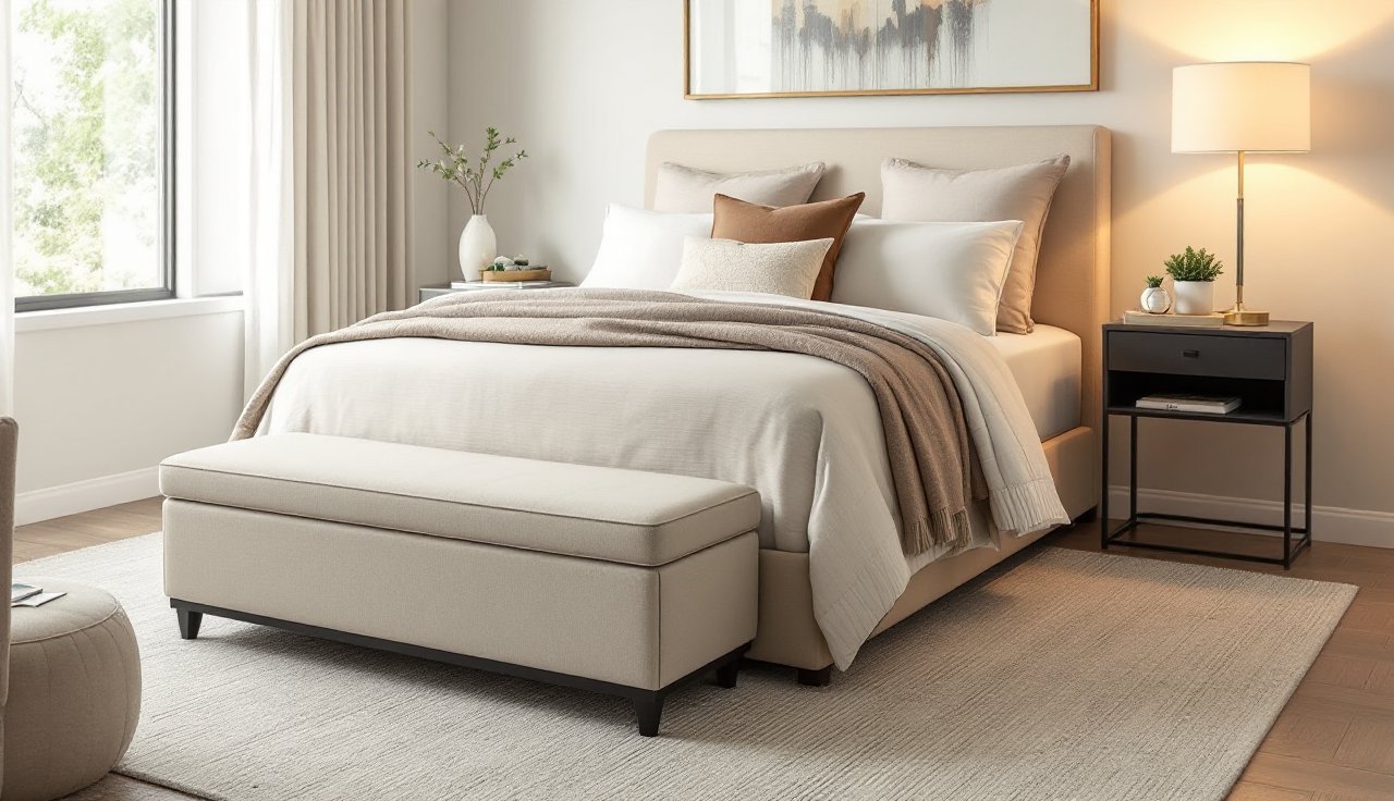 Storage bench at the foot of the bed with a tray on a slim nightstand in a small bedroom
