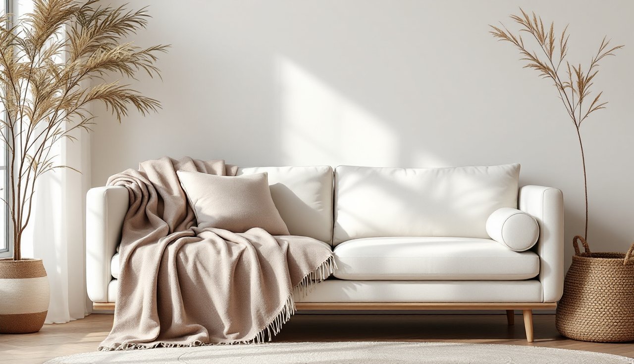 Sofa wall corner with layered throws and a woven basket for blankets